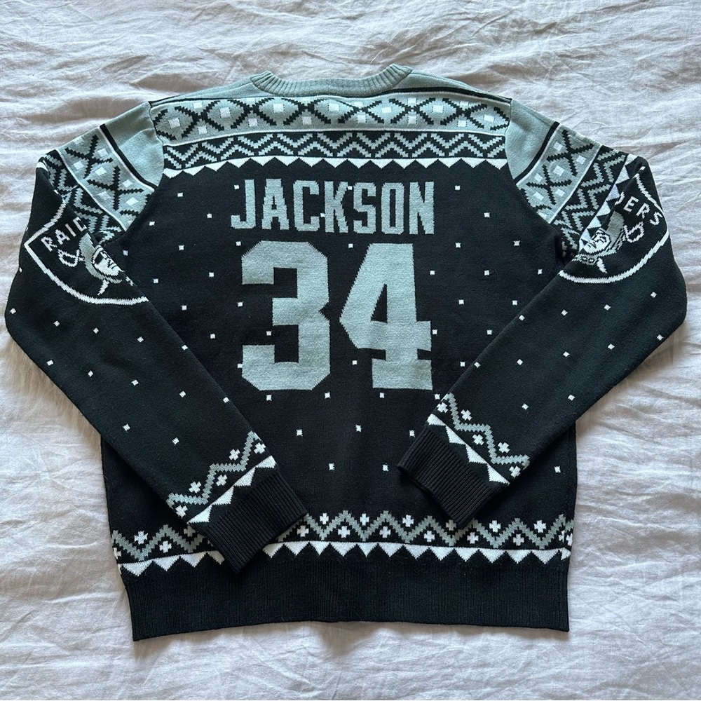Los Angeles Raiders Bo Jackson holiday sweater. Grey and black, size L.